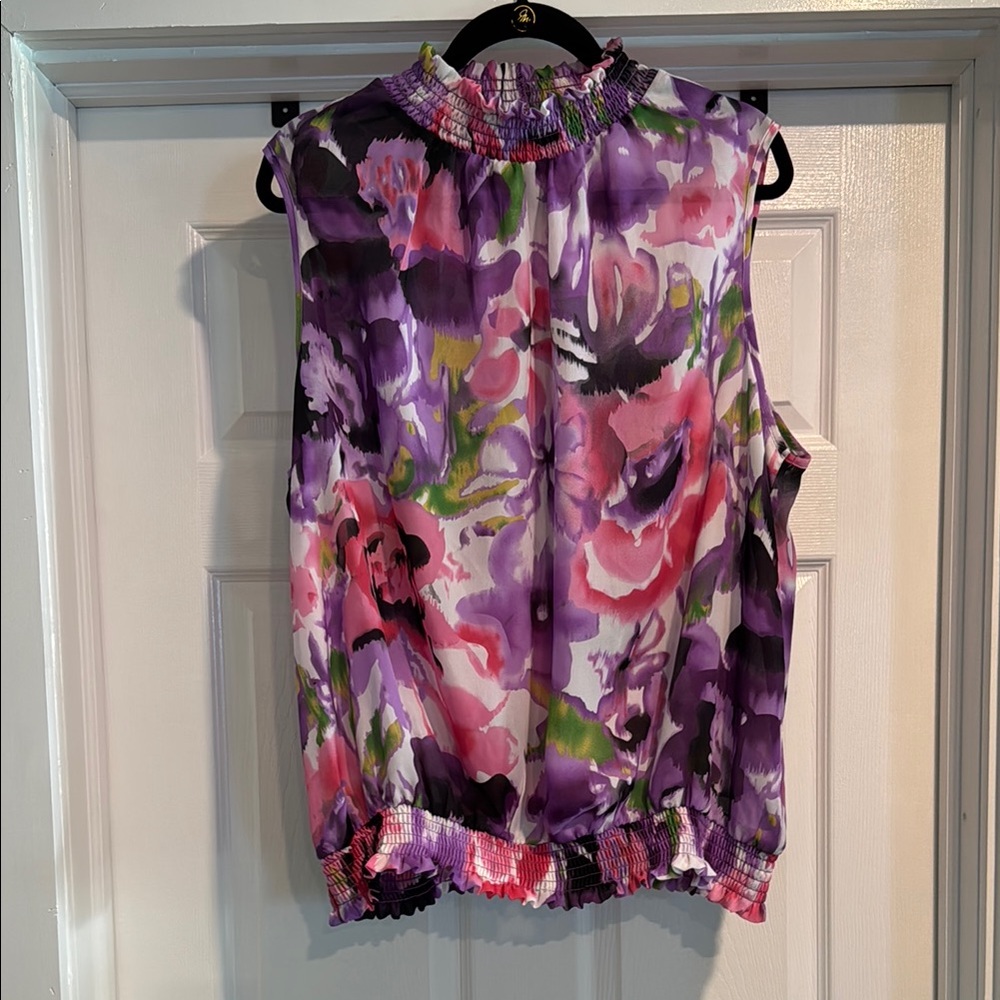 Pink and Purple Graphic Sleeveless Blouse with Mandarin Collar